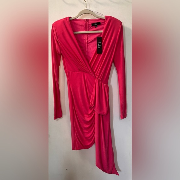 Nwt-Lulu’s-Marlay Hot Pink Ruched Long Sleeve Bodycon Dress-small - Picture 4 of 6